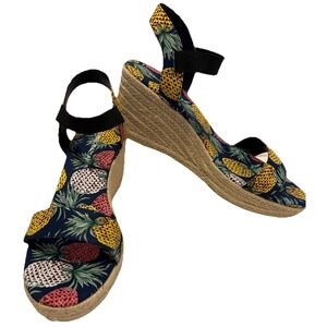 Monroe & Main Pineapple Wedge Heel Espadrilles Women's Sz 12 Navy Print Bohemian